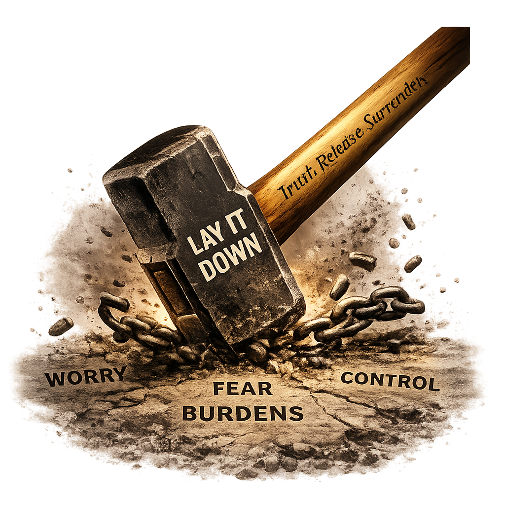 A sledgehammer labeled 'Lay It Down' breaking chains and shattering the words worry, fear, burdens, and control, symbolizing freedom through release.